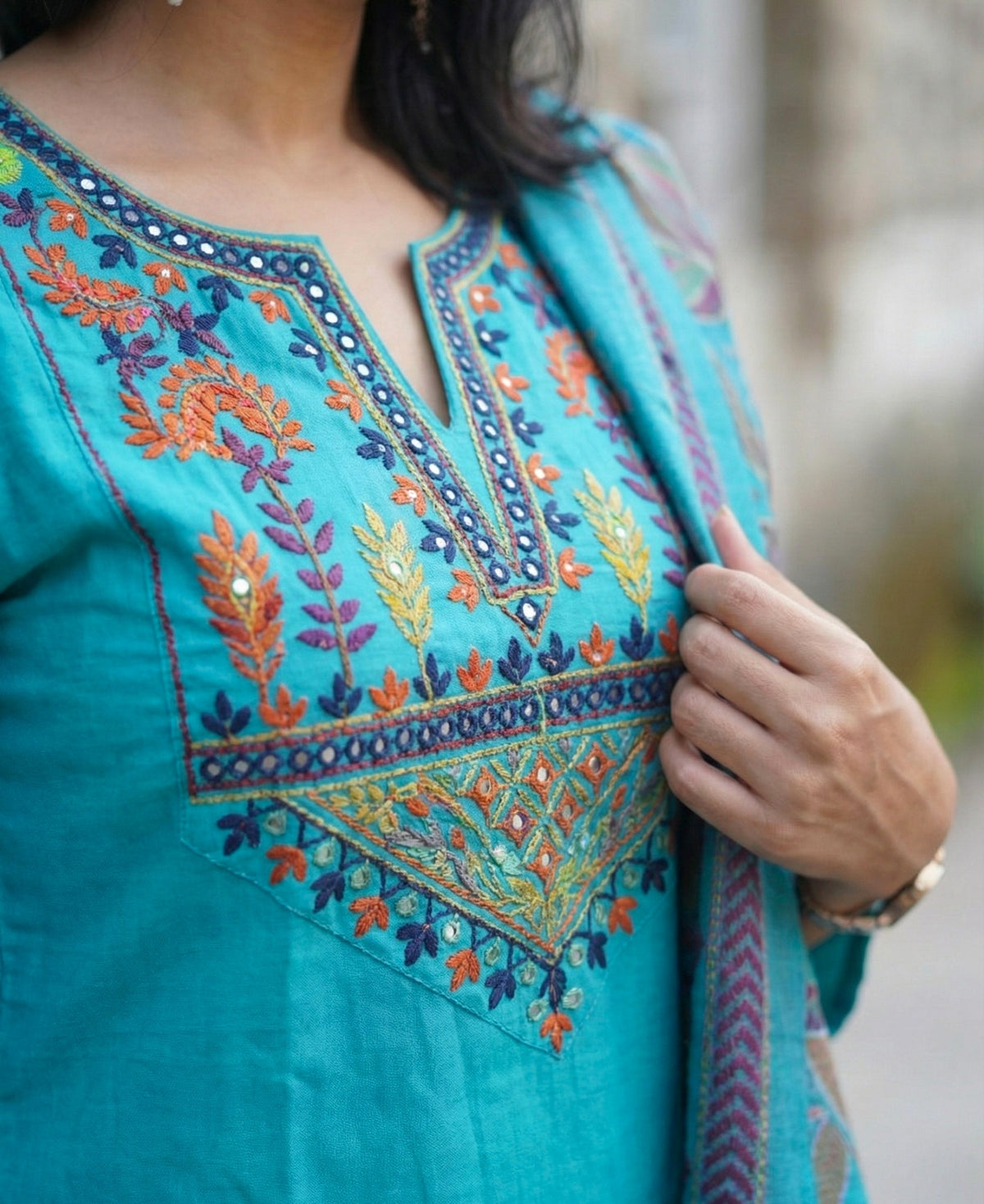 Sky Blue Embroidered Cotton Flex Kurta and Pant Set with Dupatta
