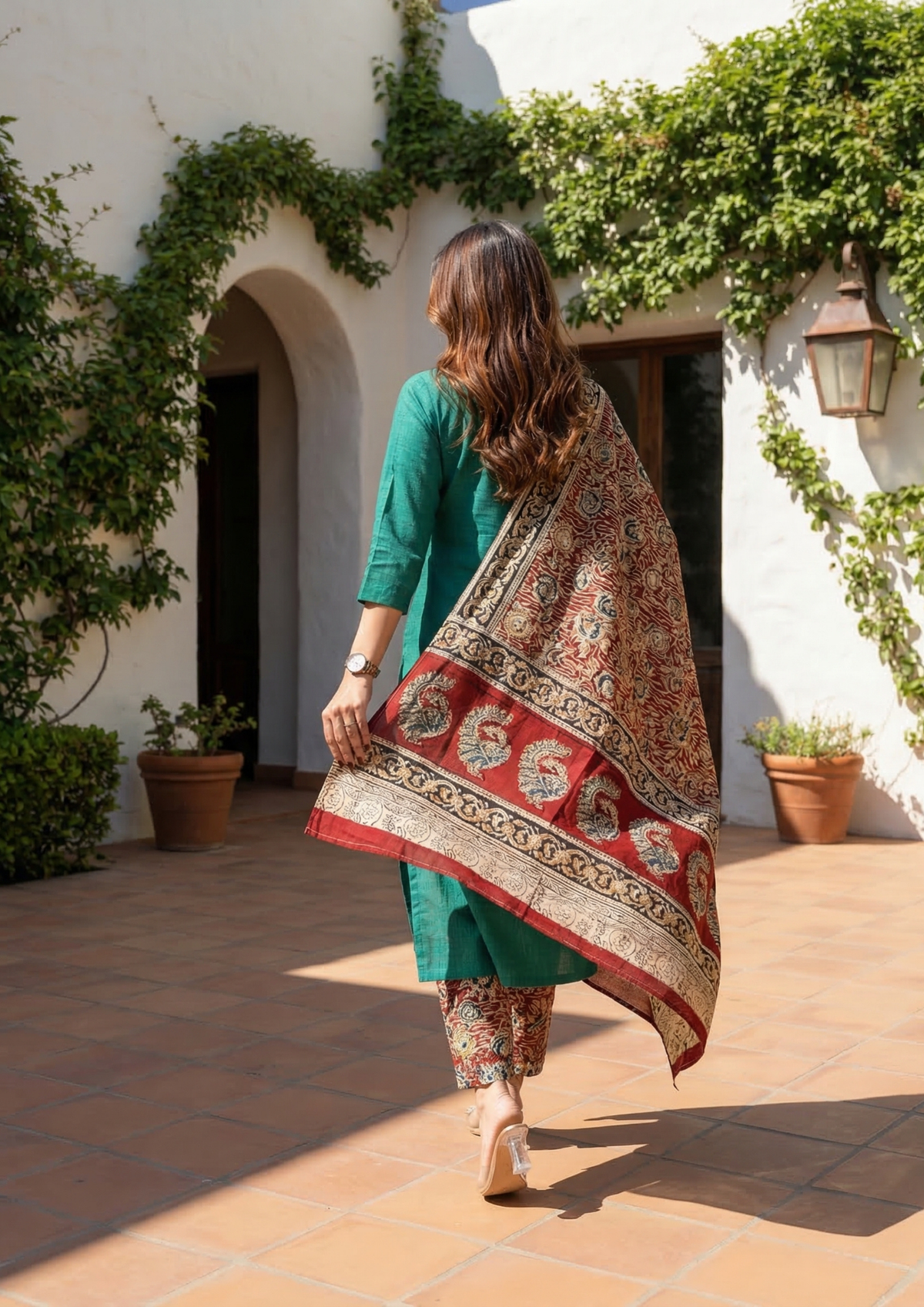 Persian Green Embroidered Handloom Cotton Suit Set with Dupatta