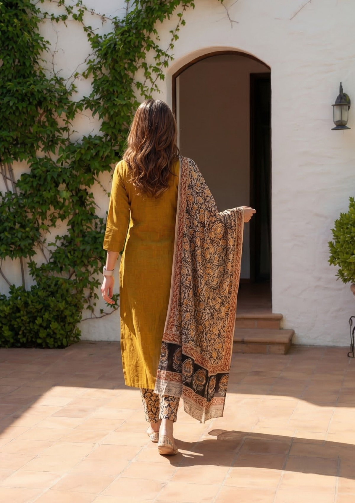 Ruddy Brown Embroidered Handloom Cotton Suit Set with Dupatta