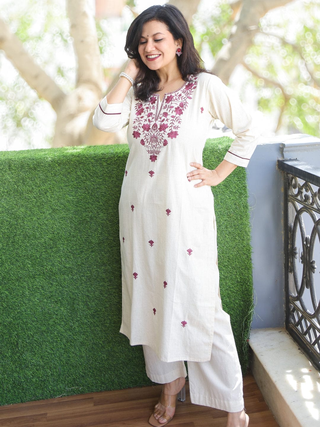 Off White Embroidered Cotton Kurta and Pant Set