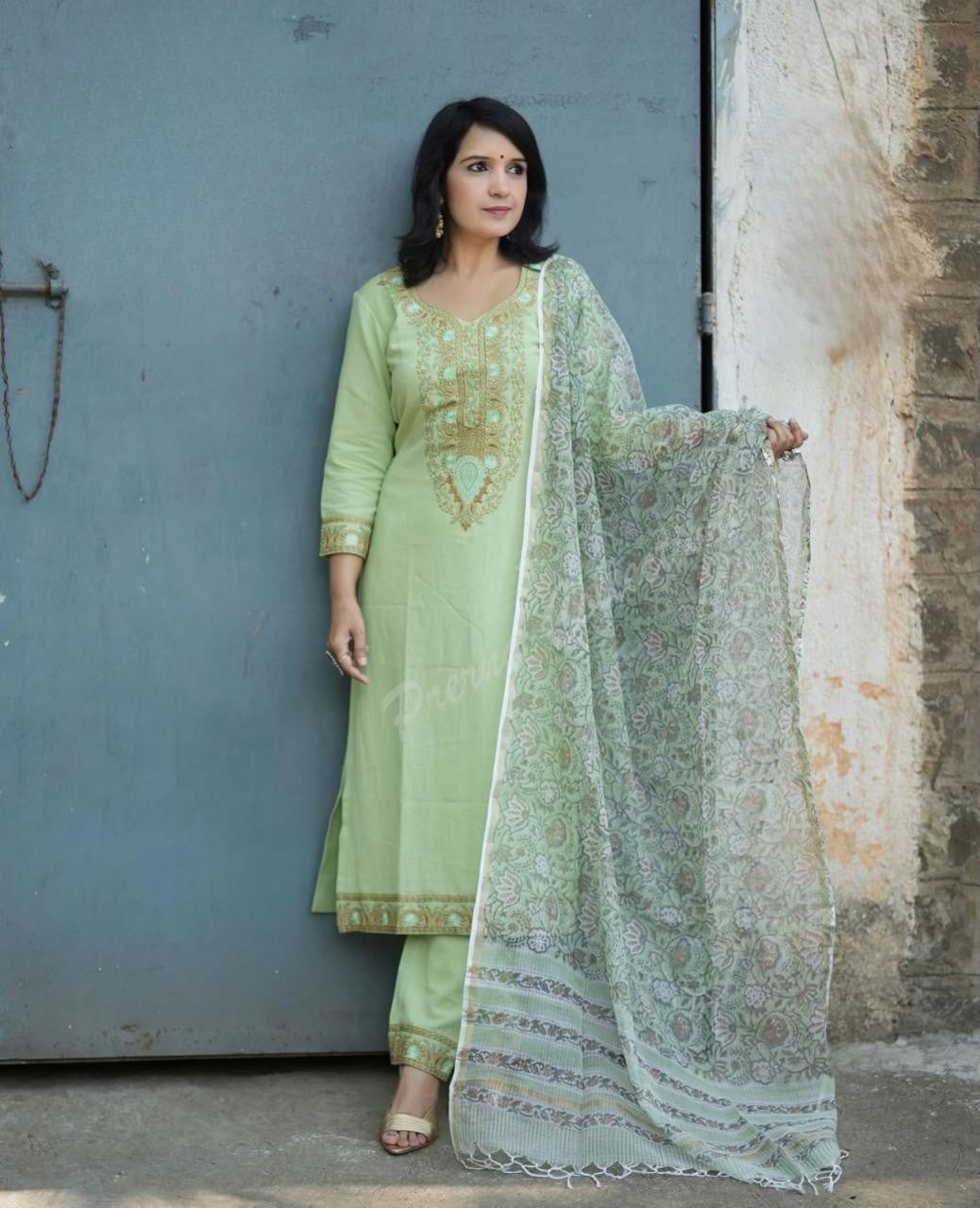 Light Green Embroidered Cotton Kurta and Pant Set with Dupatta
