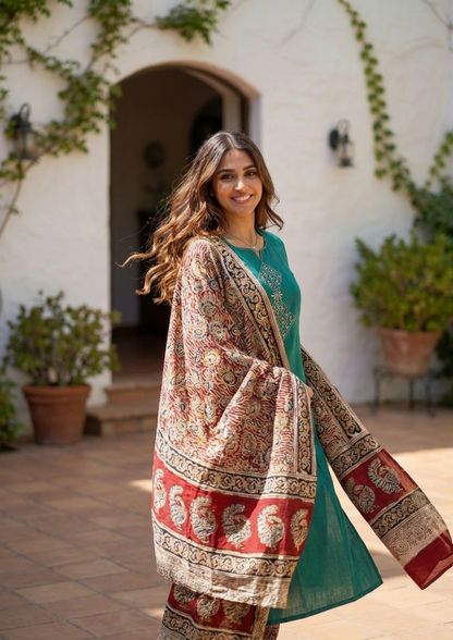 Persian Green Embroidered Handloom Cotton Suit Set with Dupatta