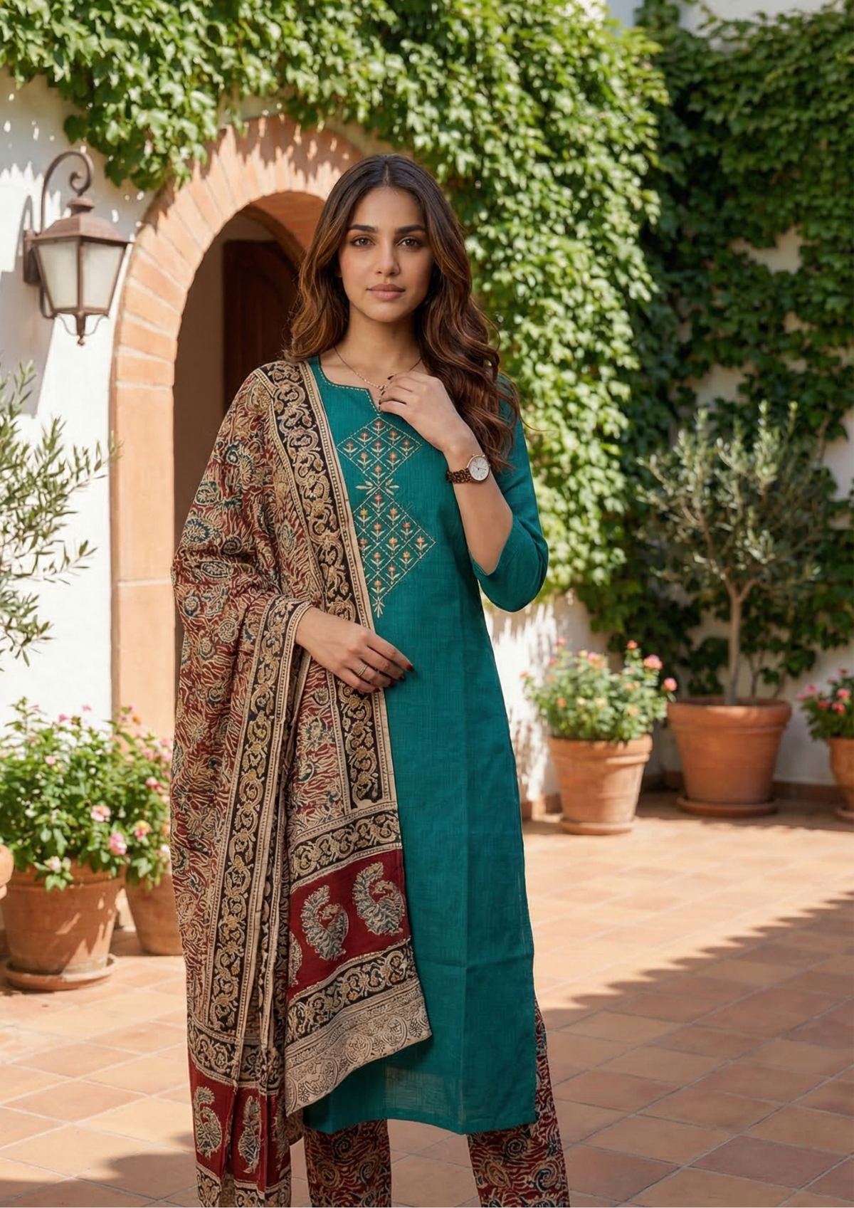 Persian Green Embroidered Handloom Cotton Suit Set with Dupatta