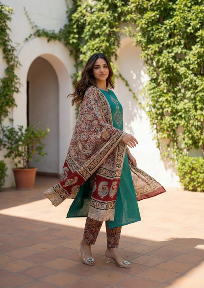 Persian Green Embroidered Handloom Cotton Suit Set with Dupatta