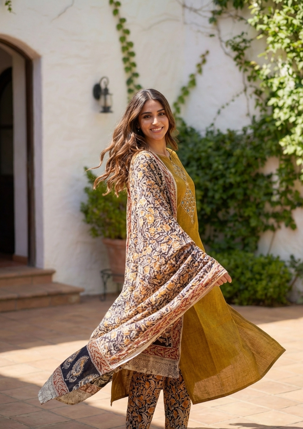 Ruddy Brown Embroidered Handloom Cotton Suit Set with Dupatta