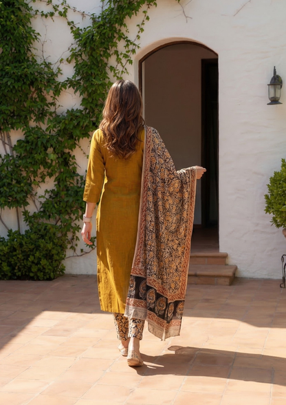 Ruddy Brown Embroidered Handloom Cotton Suit Set with Dupatta