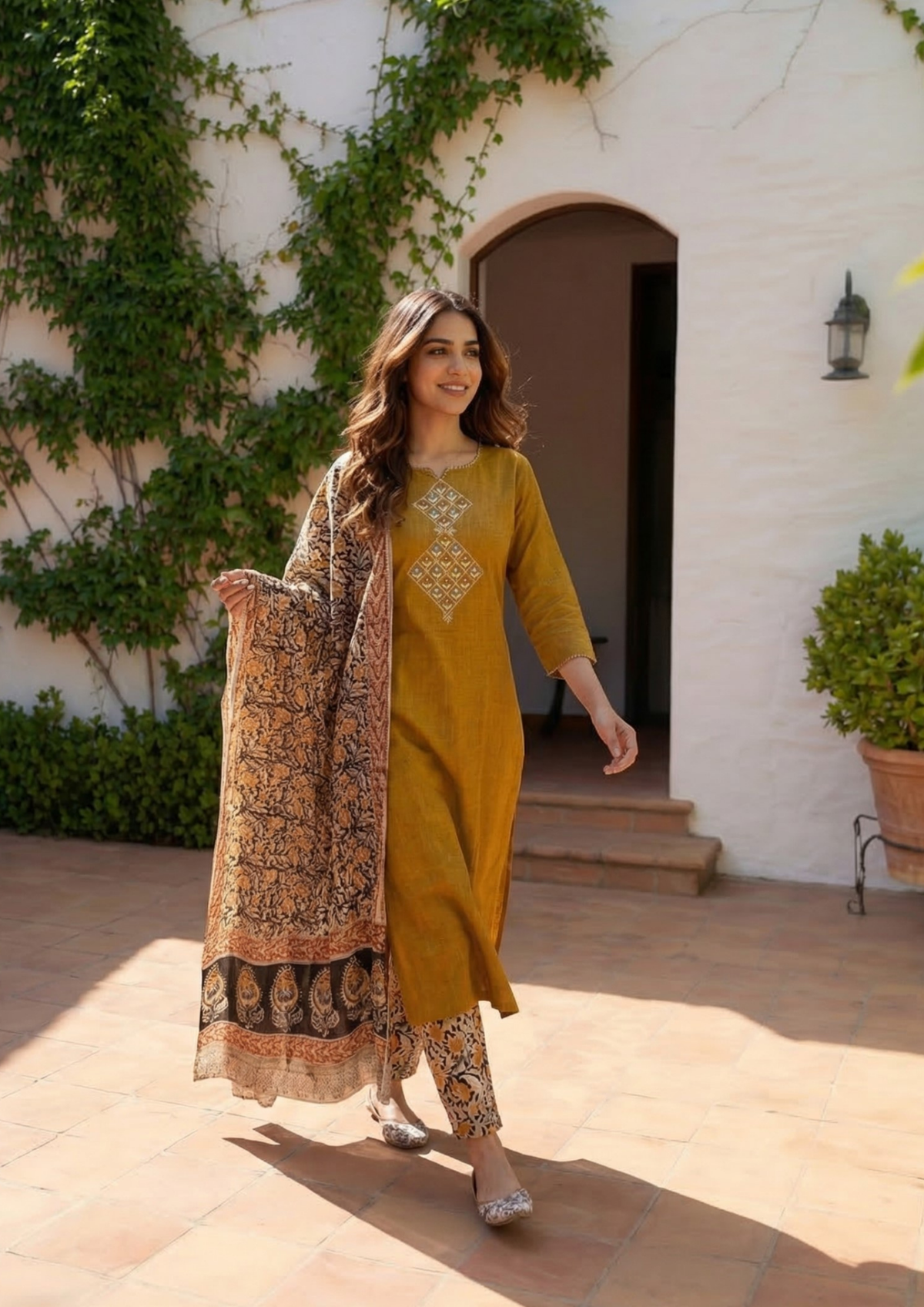 Ruddy Brown Embroidered Handloom Cotton Suit Set with Dupatta