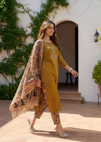 Ruddy Brown Embroidered Handloom Cotton Suit Set with Dupatta