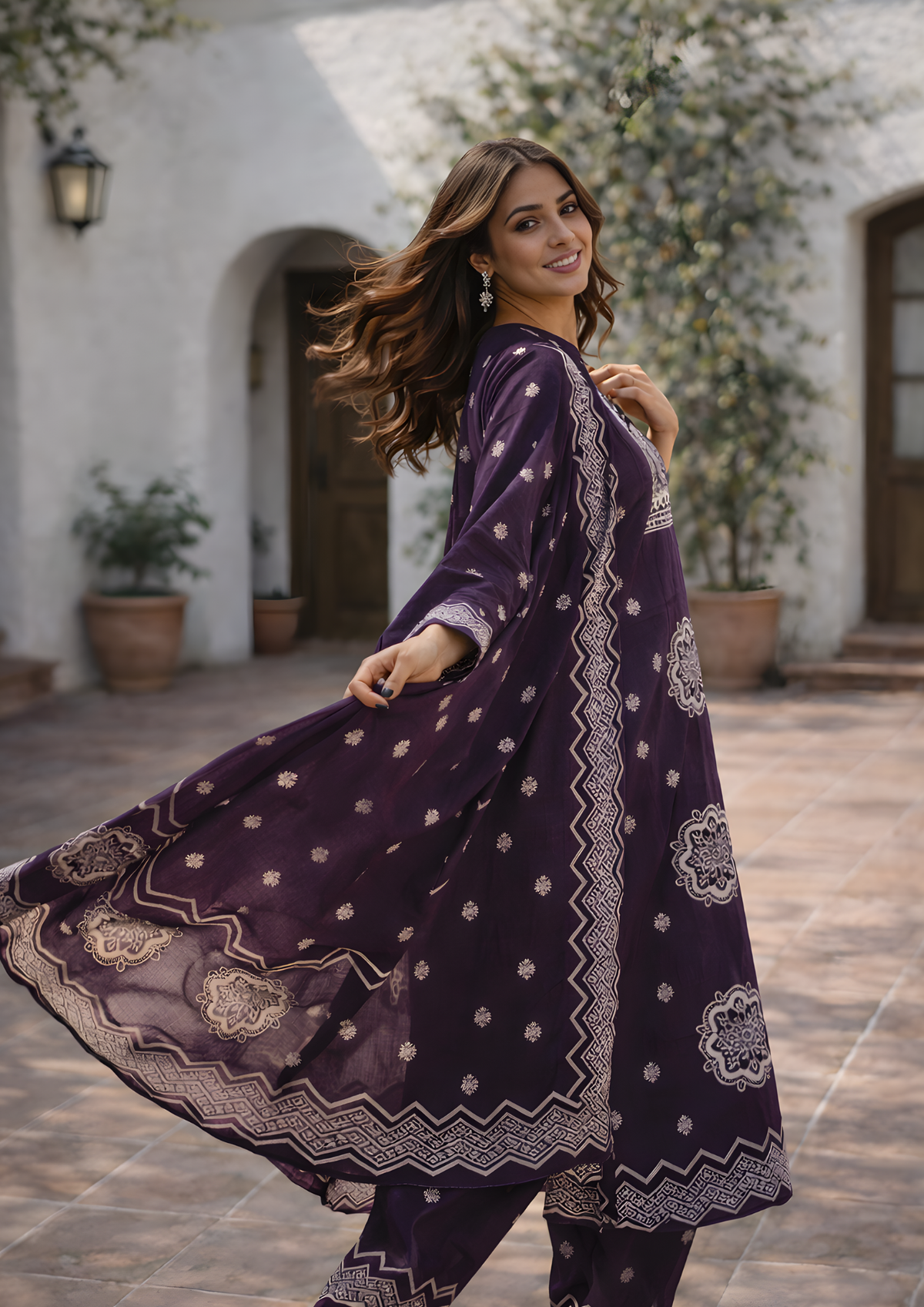 Abstract Purple Printed Cotton Kurta and Pant Set with Dupatta