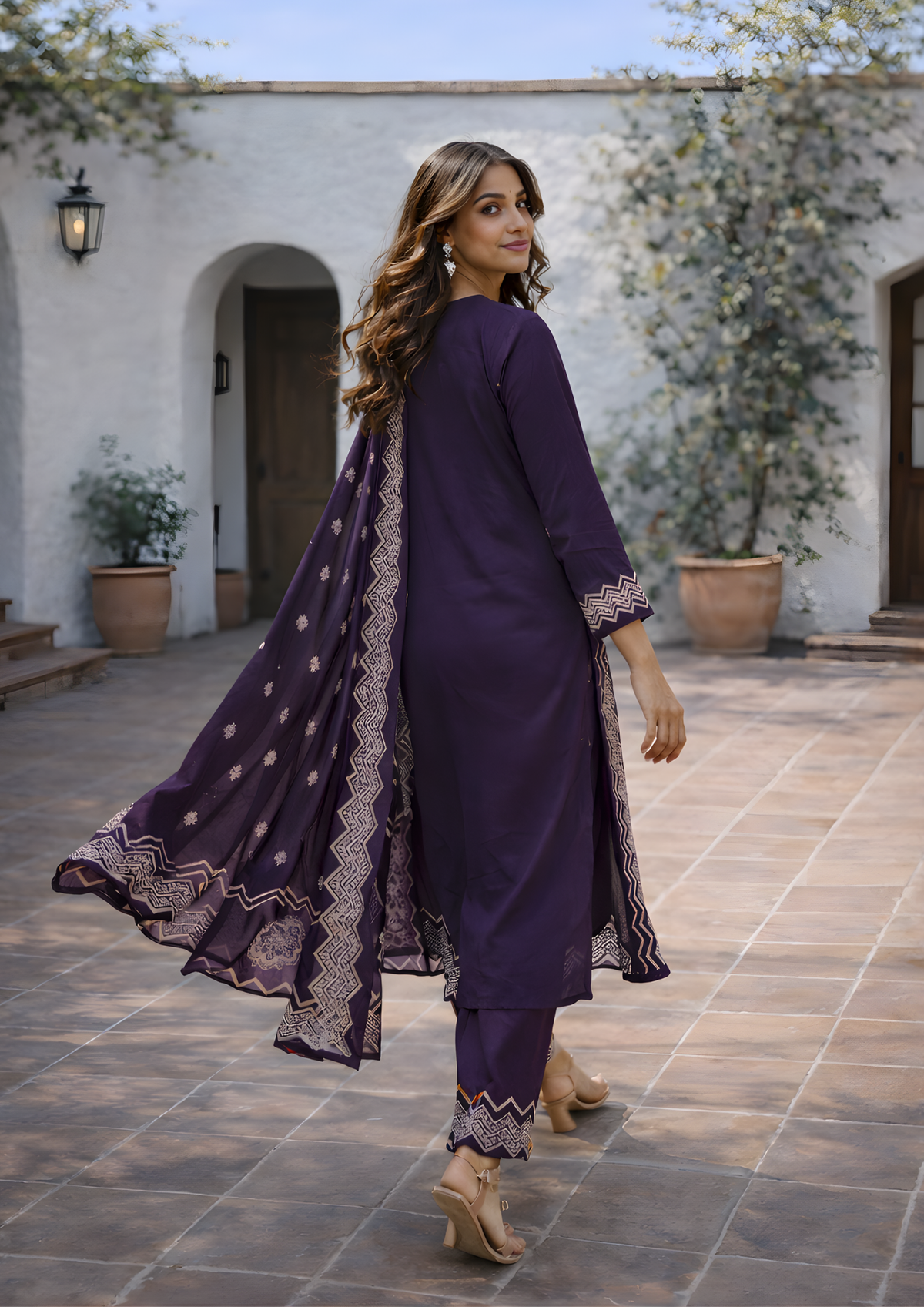 Abstract Purple Printed Cotton Kurta and Pant Set with Dupatta