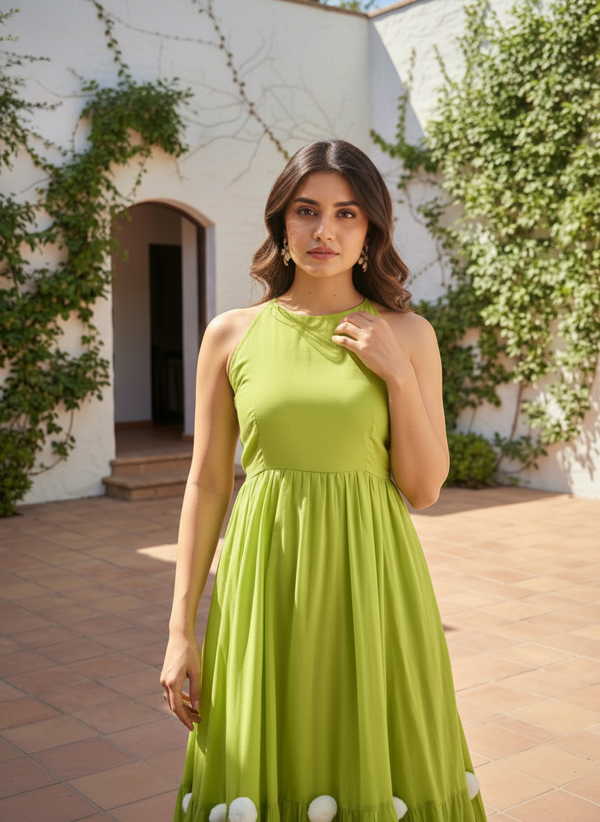 Green Embellished Sleeveless Cotton Slub Anarkali Gown