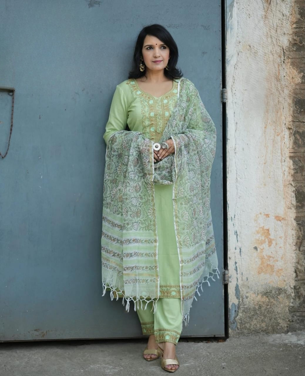 Light Green Embroidered Cotton Kurta and Pant Set with Dupatta