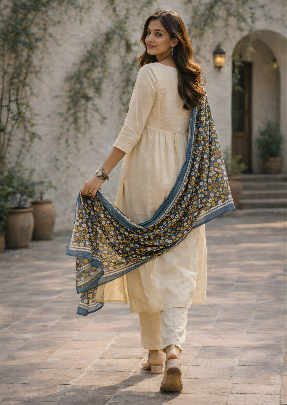 Off White Printed Cotton Kurta and Pant Set with Dupatta