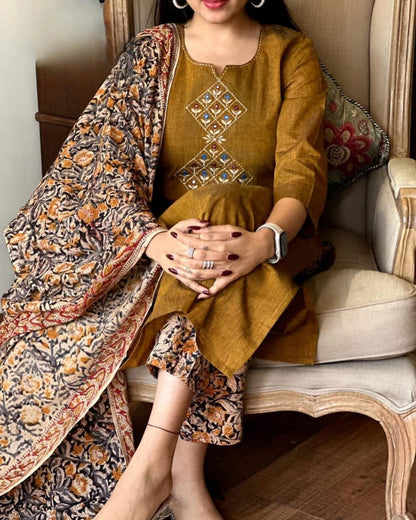 Ruddy Brown Embroidered Handloom Cotton Suit Set with Dupatta