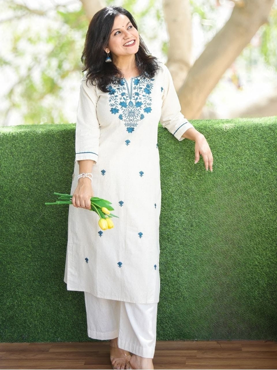 Off White Embroidered Cotton Kurta and Pant Set