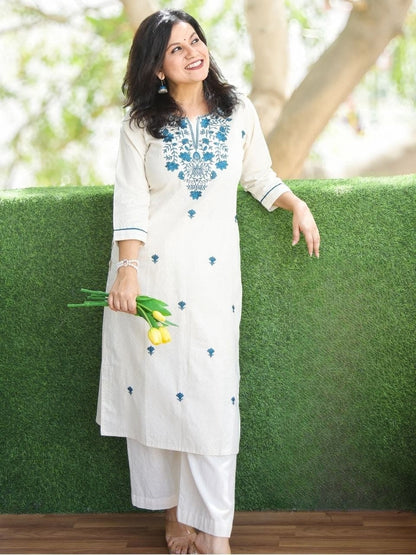 Off White Embroidered Cotton Kurta and Pant Set