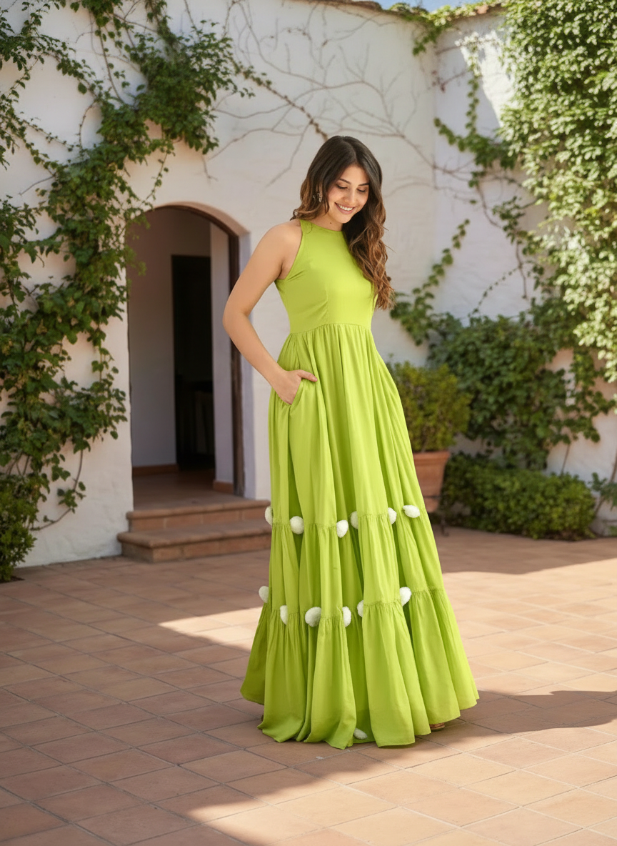 Green Embellished Sleeveless Cotton Slub Anarkali Gown