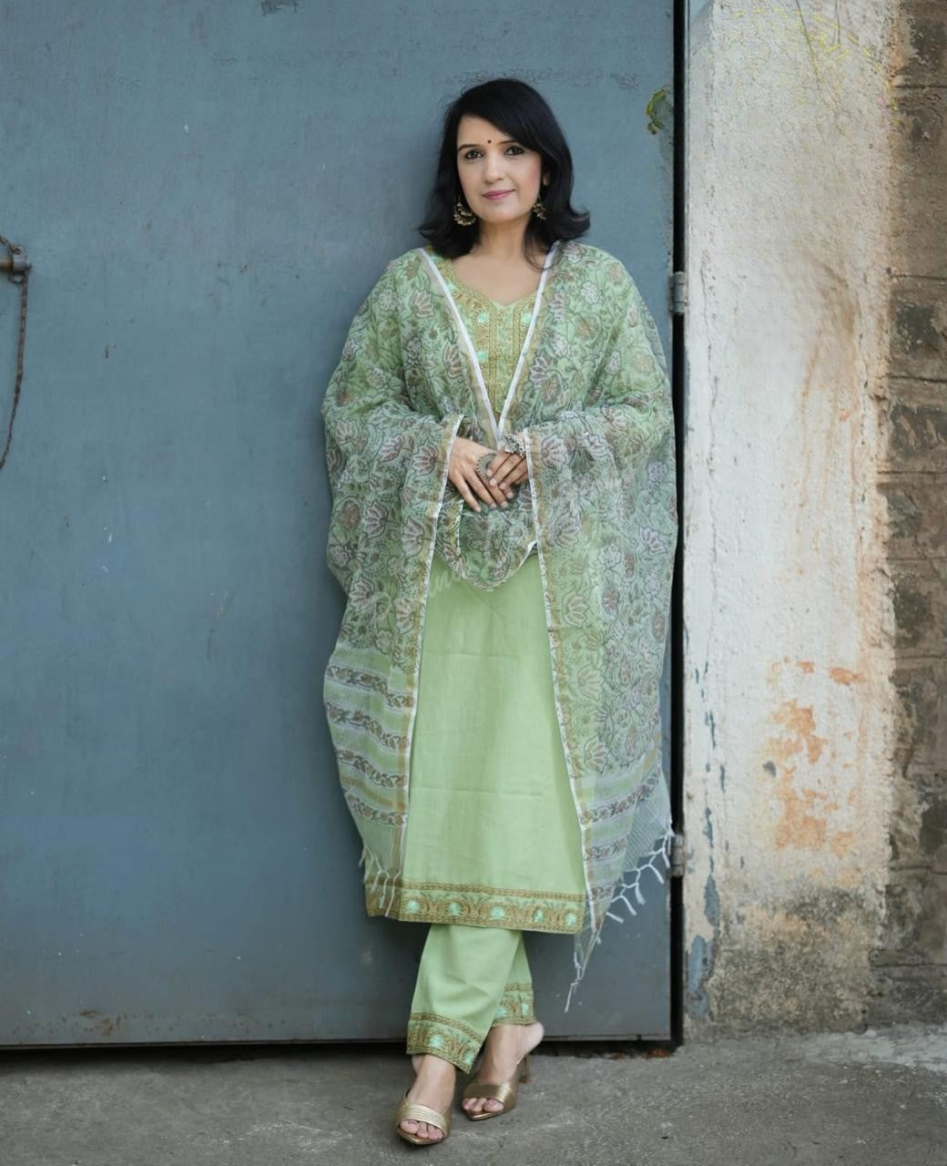 Light Green Embroidered Cotton Kurta and Pant Set with Dupatta