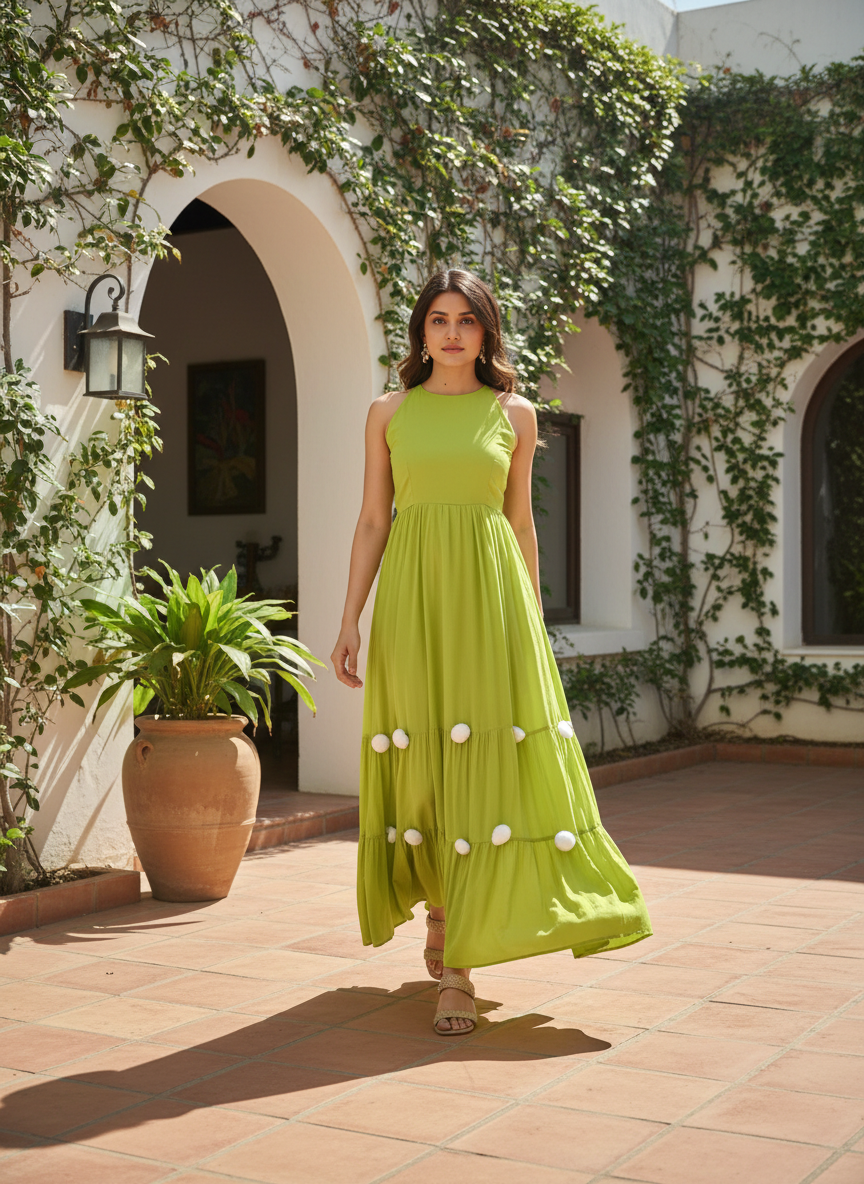 Green Embellished Sleeveless Cotton Slub Anarkali Gown