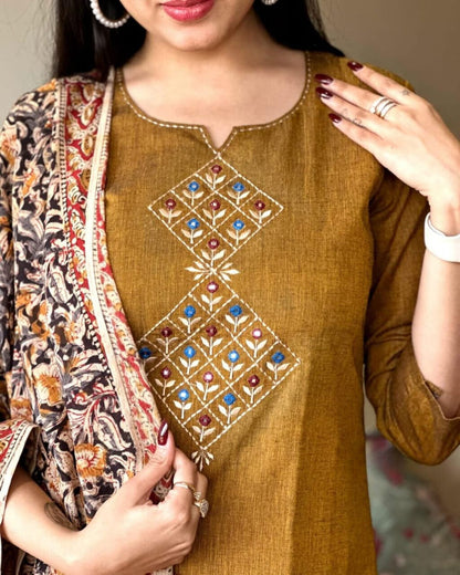 Ruddy Brown Embroidered Handloom Cotton Suit Set with Dupatta