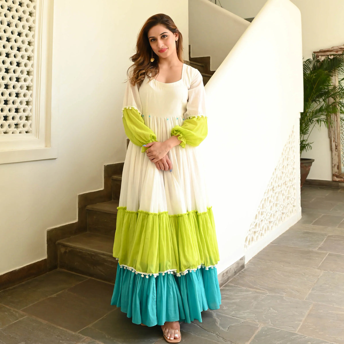 White Green Mint Flared Cotton Anarkali Gown