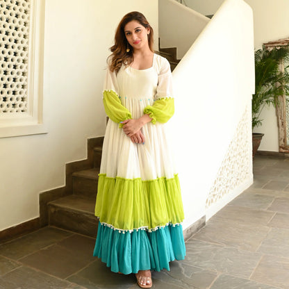 White Green Mint Flared Cotton Anarkali Gown
