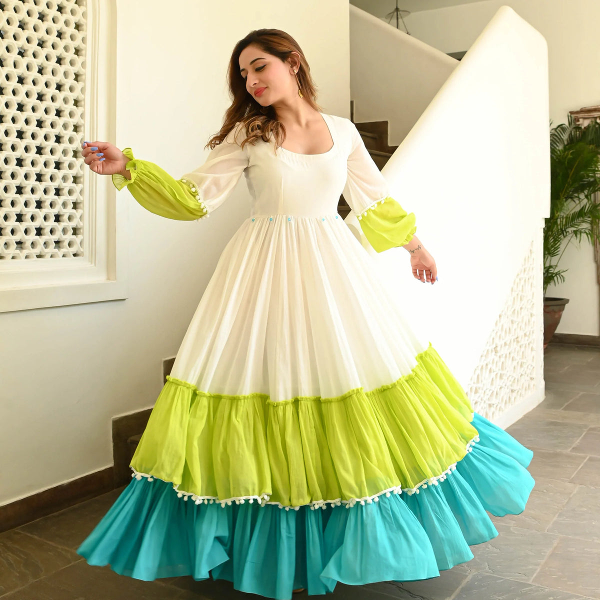 White Green Mint Flared Cotton Anarkali Gown