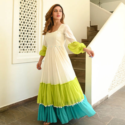 White Green Mint Flared Cotton Anarkali Gown