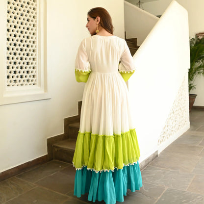 White Green Mint Flared Cotton Anarkali Gown