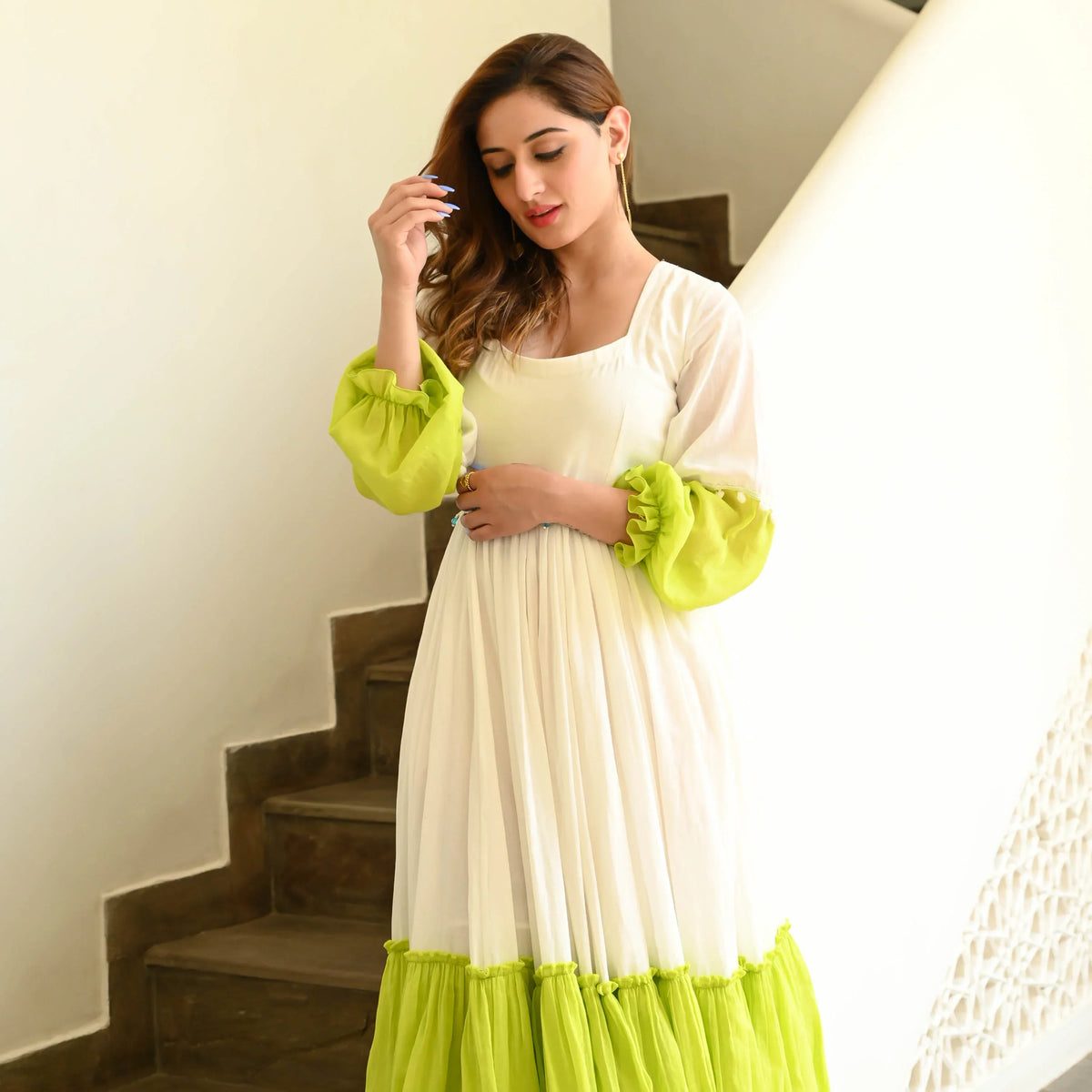 White Green Mint Flared Cotton Anarkali Gown