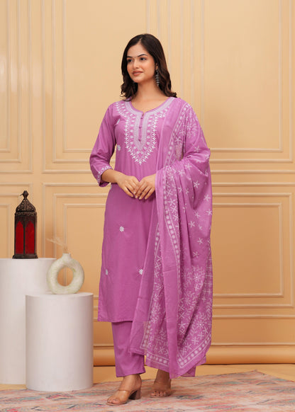 Lavender Embroidered Cotton Suit Set with Printed Mulmul Dupatta