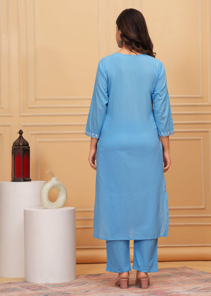 Glacier Embroidered Cotton Suit Set with Printed Mulmul Dupatta
