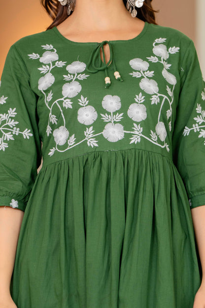 Green Hand Embroidered Cotton Anarkali Gown