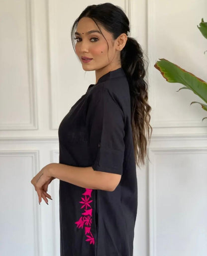 Black Embroidered Cotton Kurta and Palazzo Set
