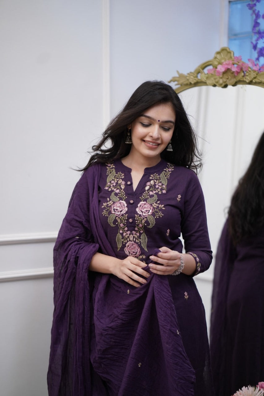 Purple Embroidered Cotton Suit Set with Dupatta