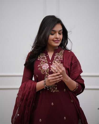 Maroon Embroidered Cotton Suit Set with Dupatta