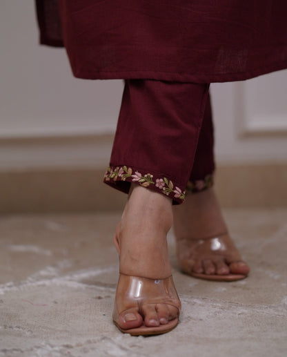 Maroon Embroidered Cotton Suit Set with Dupatta