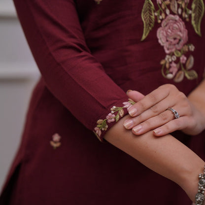 Maroon Embroidered Cotton Suit Set with Dupatta