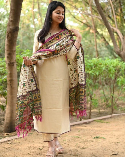 Off White Embroidered Cotton Flex Kurta and Pant Set with Chanderi Dupatta
