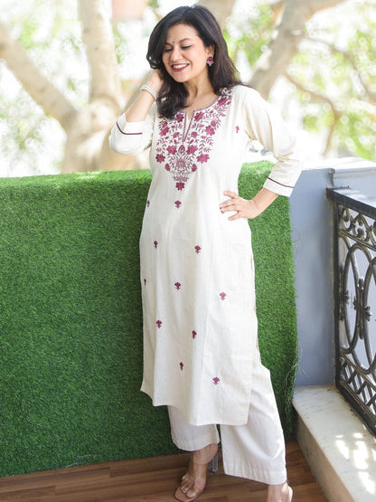 Off White Embroidered Cotton Kurta and Pant Set