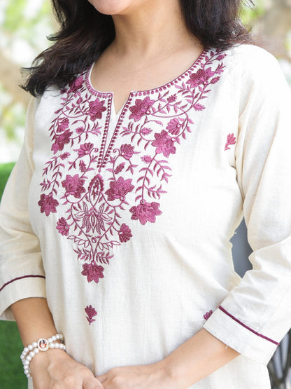 Off White Embroidered Cotton Kurta and Pant Set