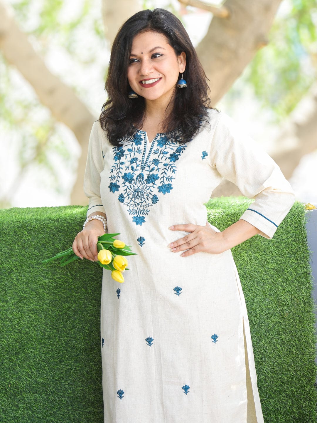 Off White Embroidered Cotton Kurta and Pant Set