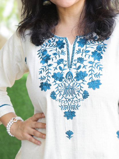 Off White Embroidered Cotton Kurta and Pant Set
