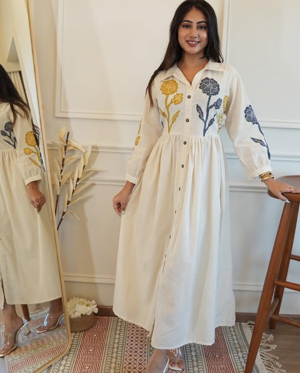 Off White Embroidered Cotton Gown