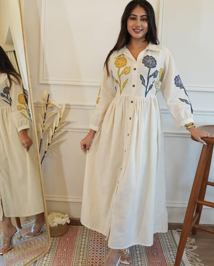 Off White Embroidered Cotton Gown