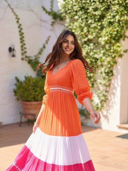 Orange White Pink Embellished Cotton Gown