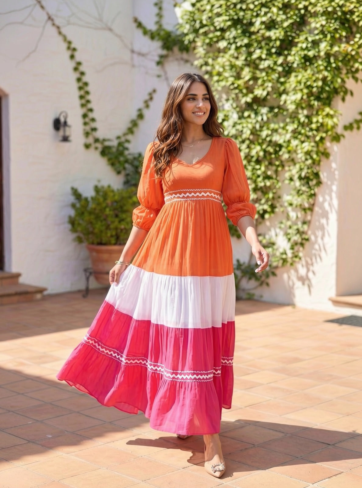 Orange White Pink Embellished Cotton Gown