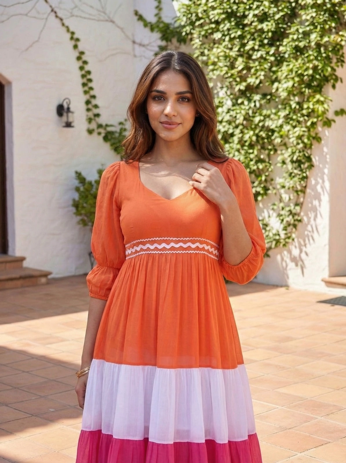 Orange White Pink Embellished Cotton Gown