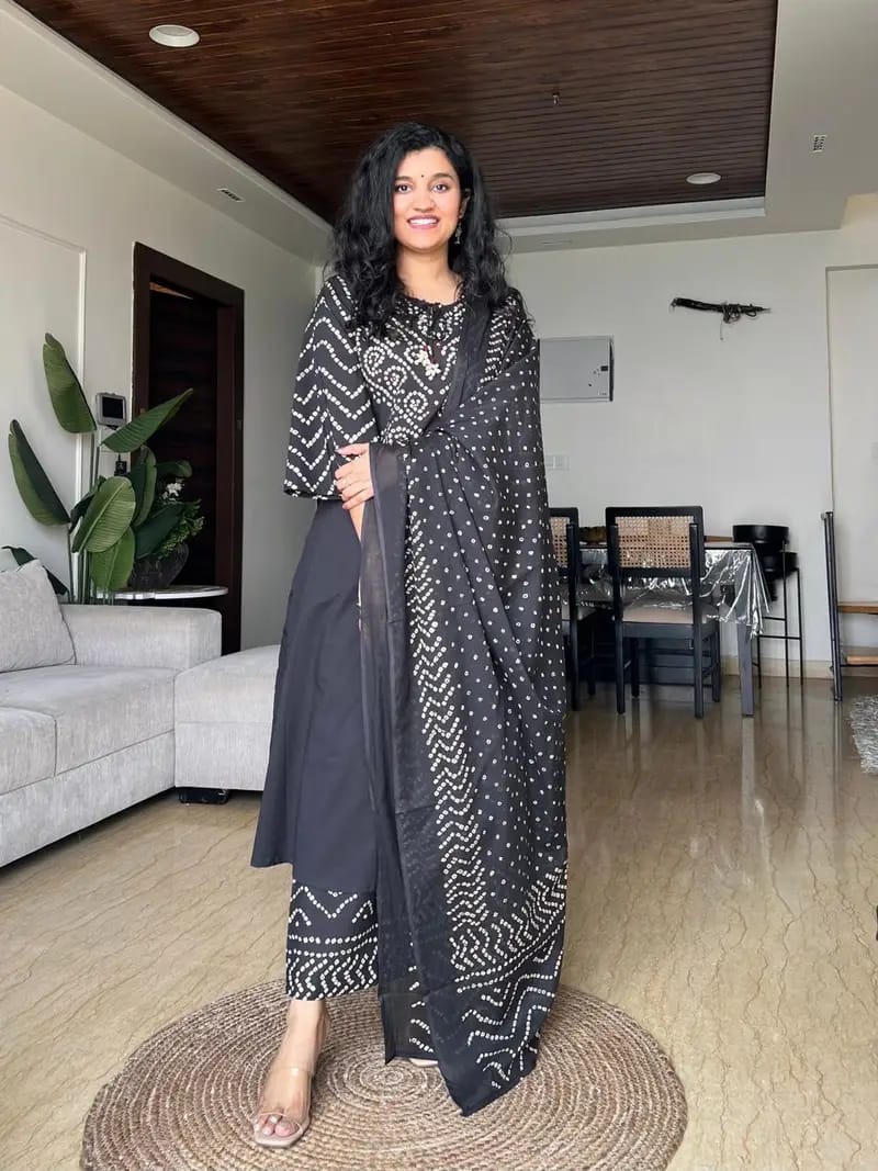 Black Printed Cotton Kurta and Palazzo Set with Dupatta