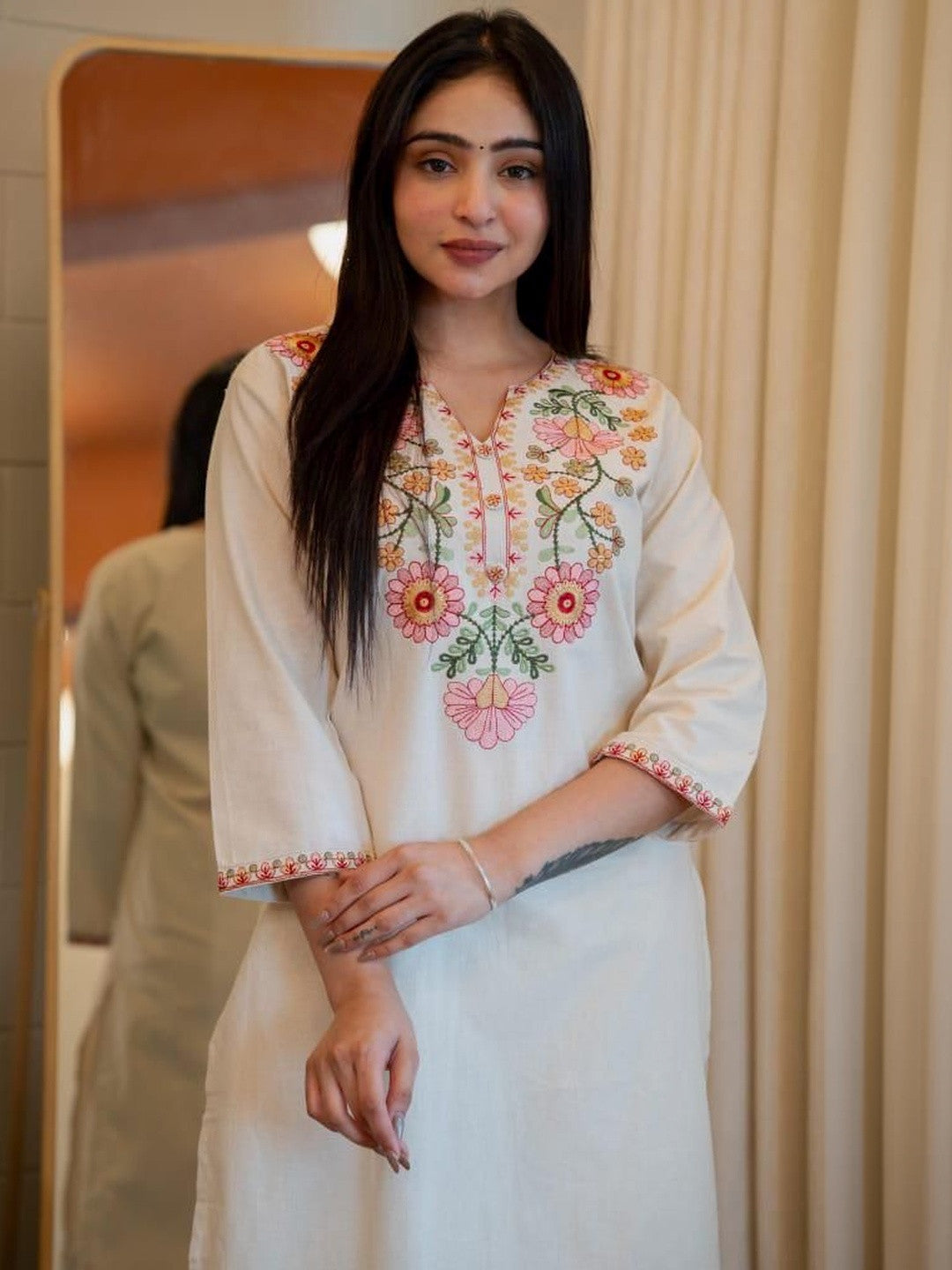 Off White Embroidered Cotton Flex Kurta and Pant Set